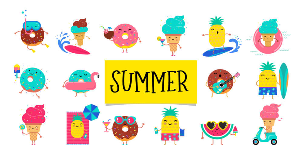 夏の風物詩をキャラクター化したイラスト